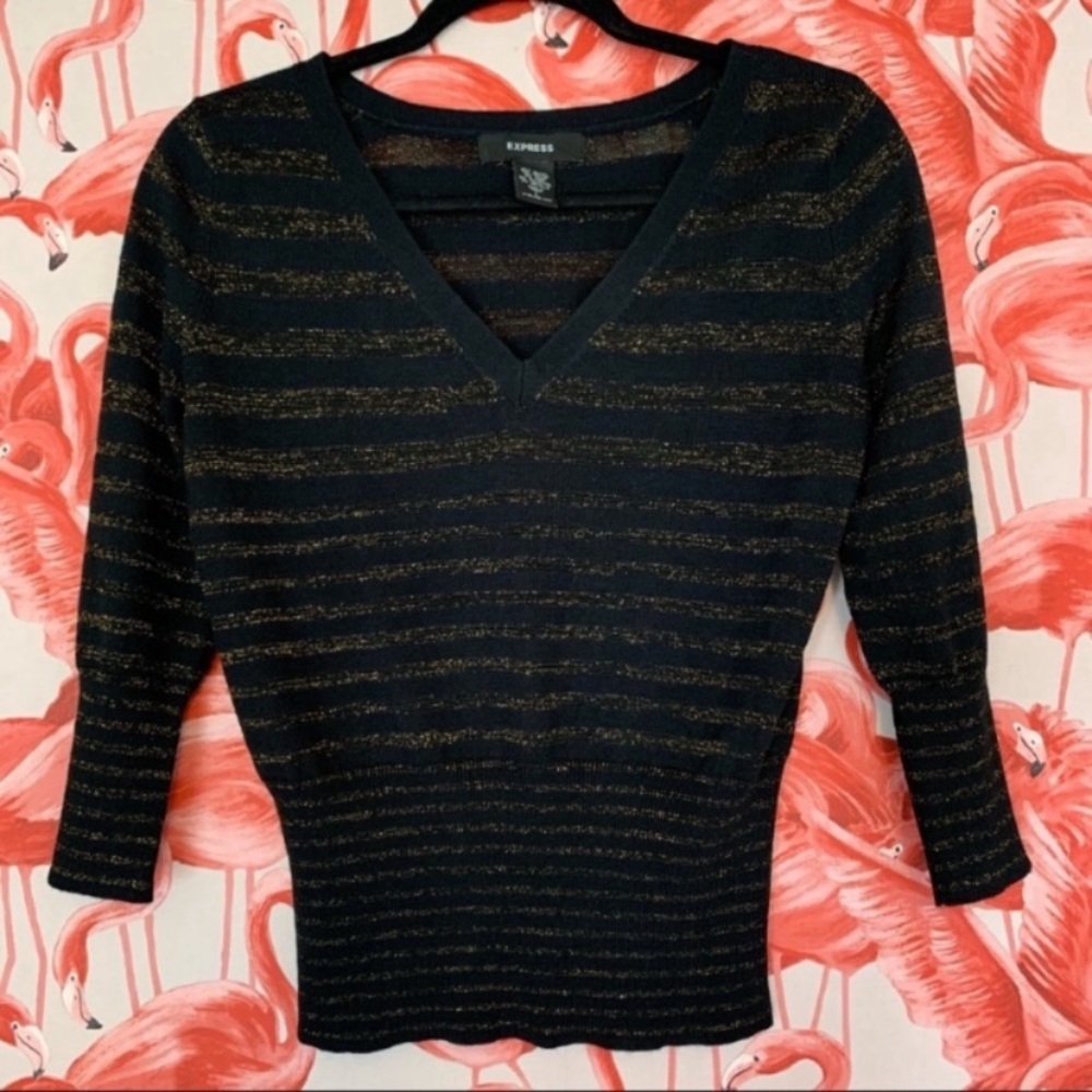 Express Black and Gold Striped V Neck Top